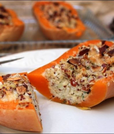 courge butternut gratinée et farcie au chèvre et quinoa