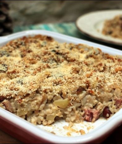 gratin de crozets aux champignons et à la saucisse de Montbéliard