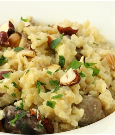 ¨risotto crémeux aux champignons et noisettes et son escalope de foie gras poêlée
