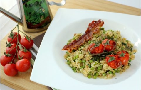 risotto aux petits pois et sa chips de pancetta