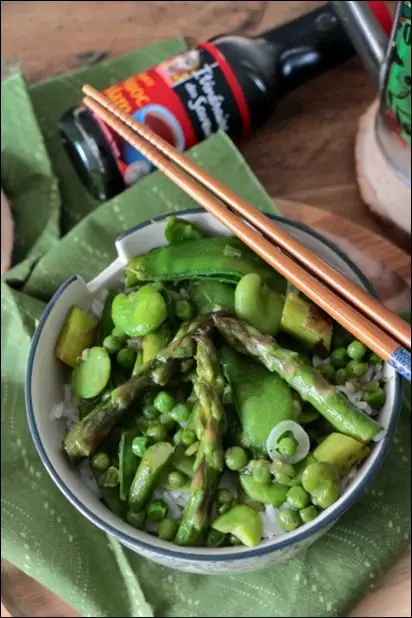 wok pois gourmands asperges fèves petits pois
