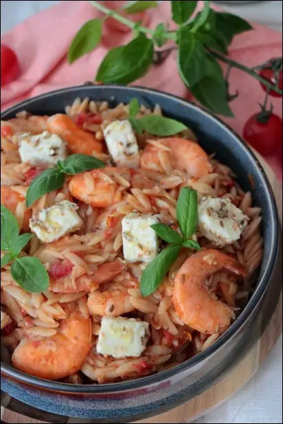 pastasotto crevettes tomates feta marinée