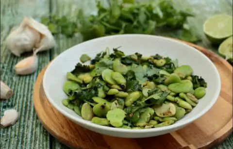 salade de fèves à l'huile d'olive ail coriandre et citron vert de Reem Kassis
