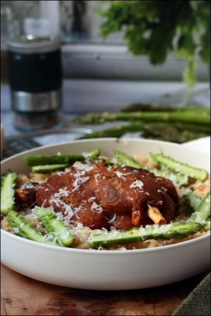 risotto d'asperges vertes au confit de canard