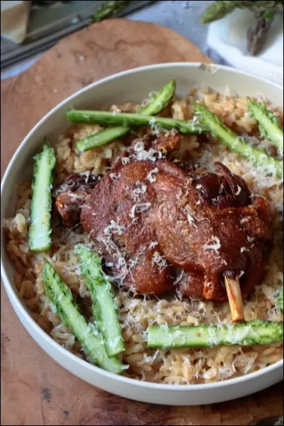 risotto d'asperges vertes au confit de canard