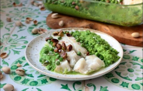 cabillaud aux petits pois et pistaches