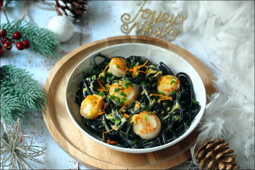 Linguine-encre-seiche_noix-saint-jacques-sauce-orange (17) pâtes encre de seiche noix de saint jacques sauce orange
